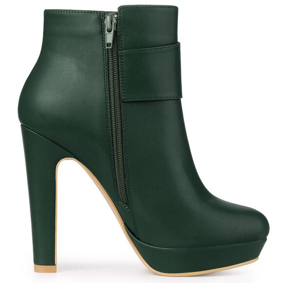 Chunky High Heels Platform Bow Decor Dark Green Ankle Boots - Picture 6 of 6